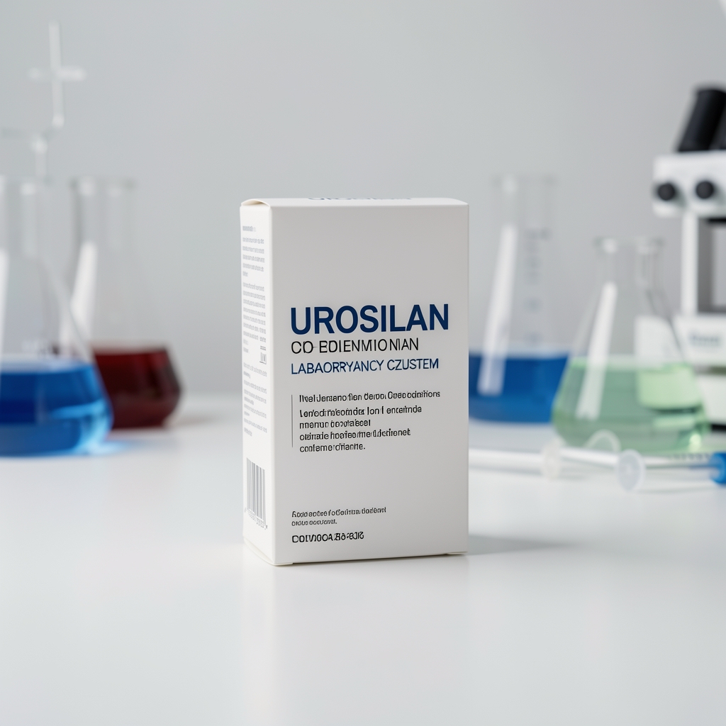 Eleganckie opakowanie suplementu i składniki Urosilan na laboratoryjnie czystym blacie